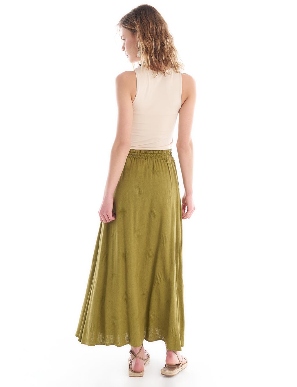 Tasseled Elastic Waist Linen Skirt Khaki