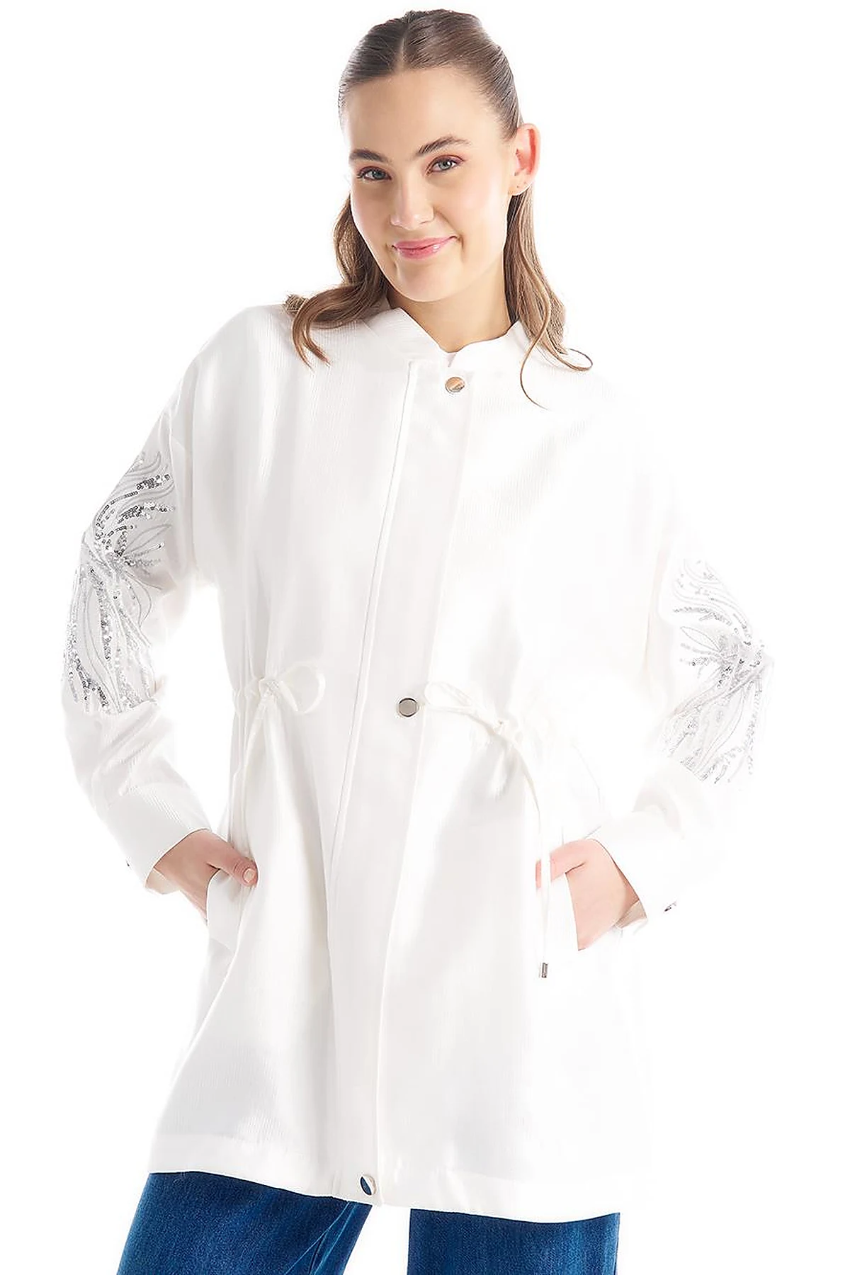 Embroidered Adjustable Waist Jacket Ecru