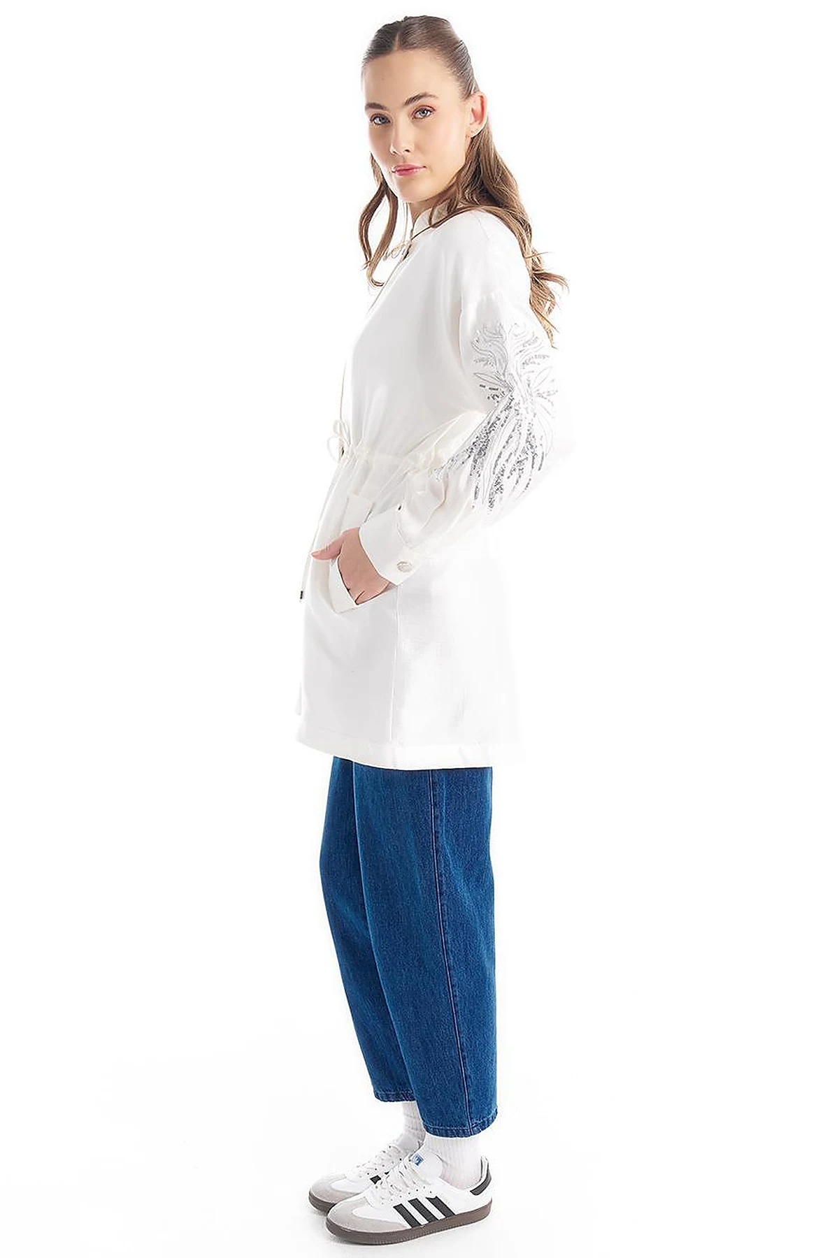 Embroidered Adjustable Waist Jacket Ecru