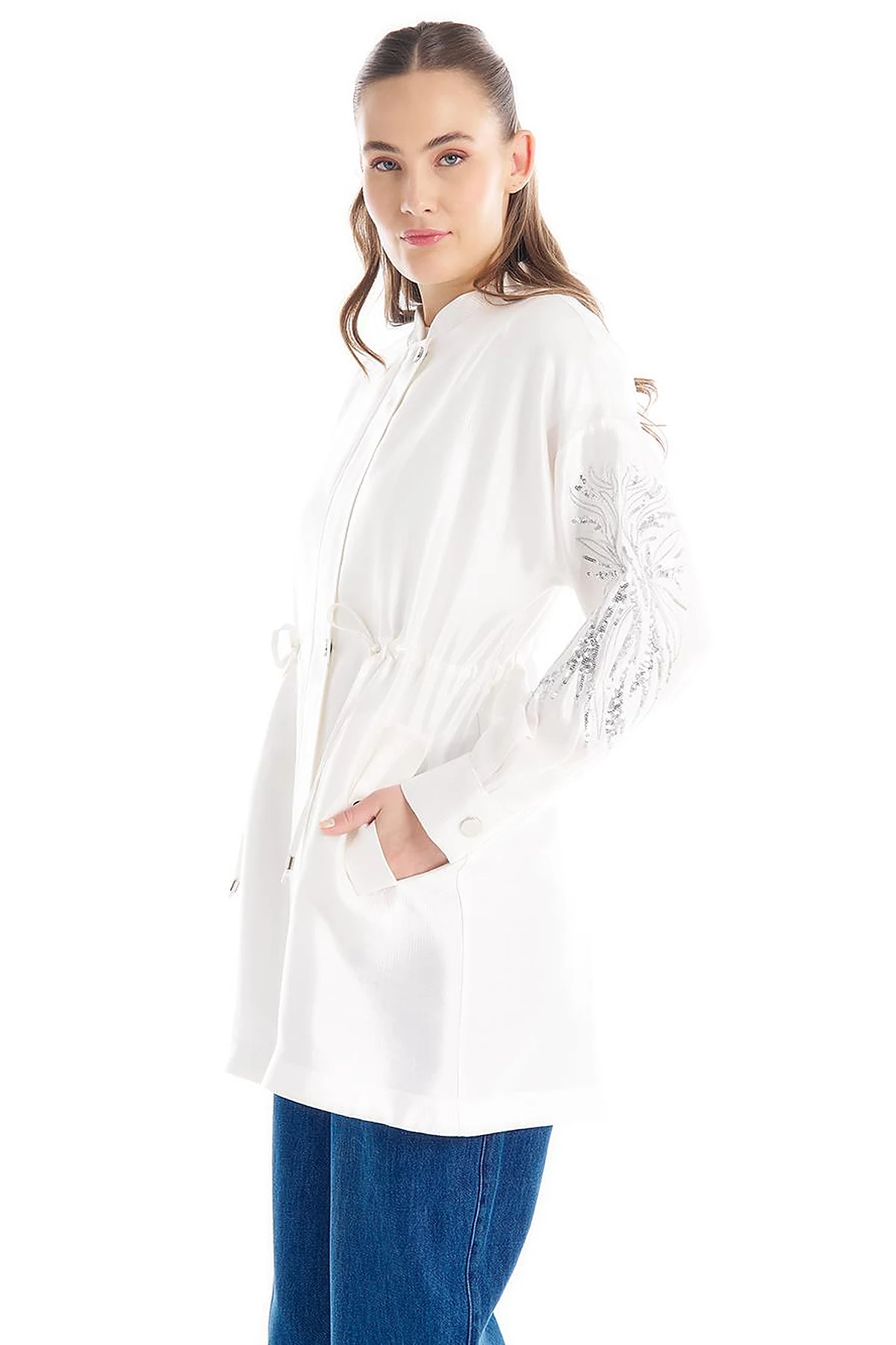 Embroidered Adjustable Waist Jacket Ecru