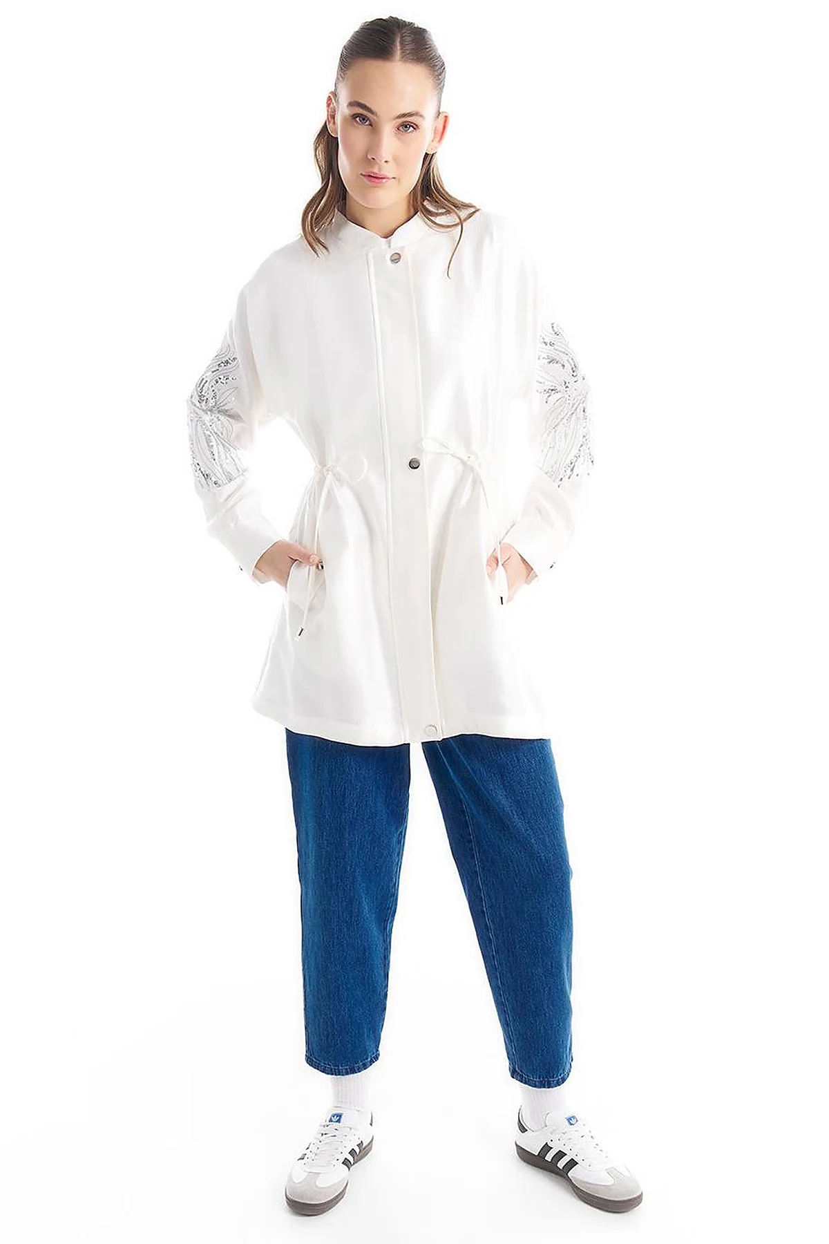Embroidered Adjustable Waist Jacket Ecru