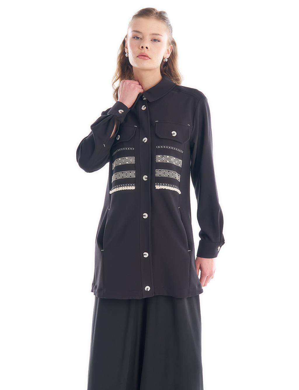Ethnic Patterned Tassel Jacket Black