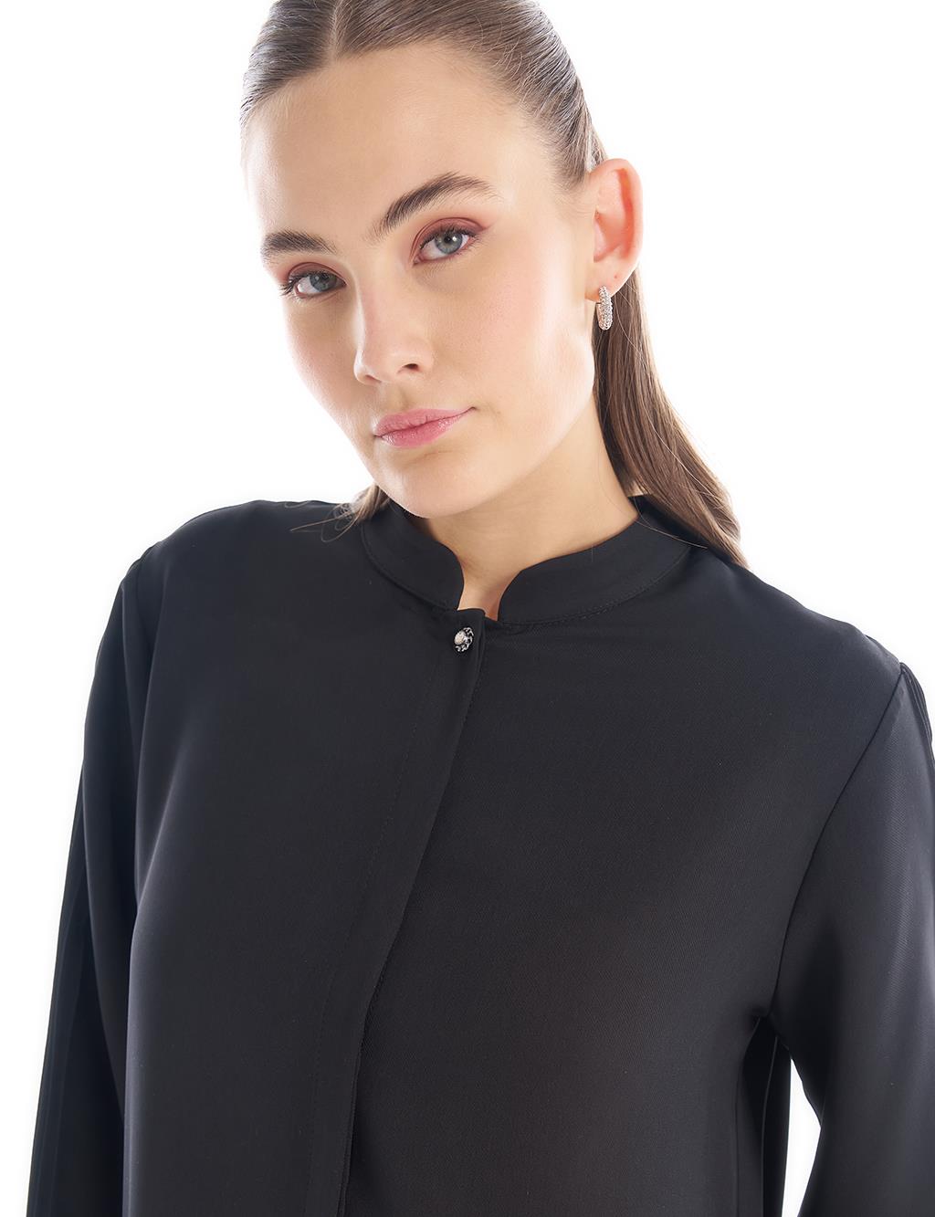 Black Tunic with Hidden Placket Mandarin Collar