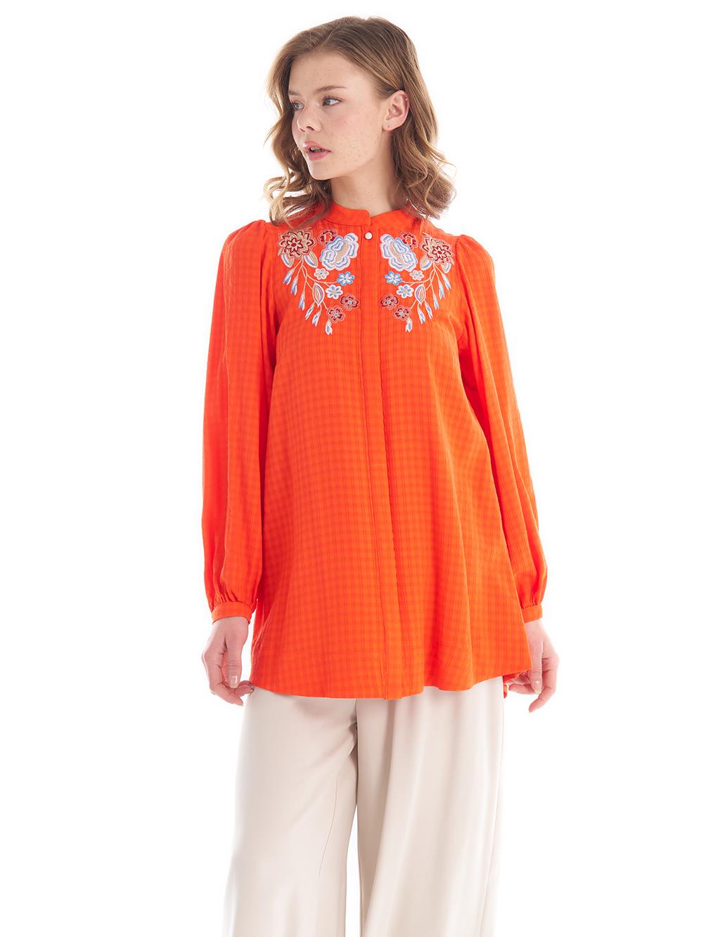 Embroidery Detailed Full Collar Blouse Coral