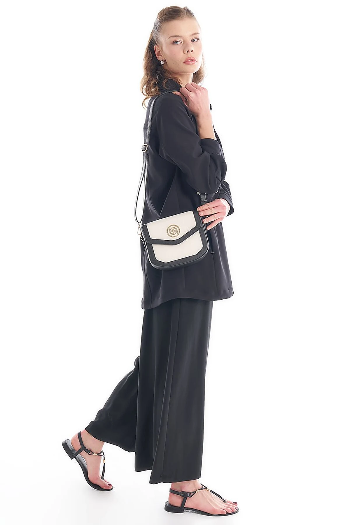 Faux Leather Mixed Canvas Bag Black-Cream