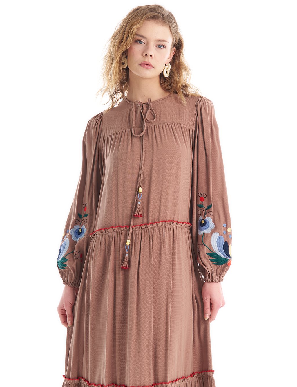 Embroidered Tassel Detailed Layered Dress Milk Brown