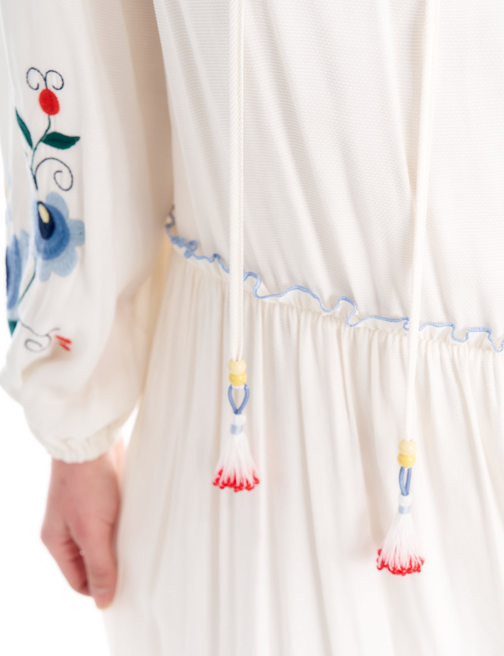 Embroidered Tassel Detailed Tiered Dress Ecru