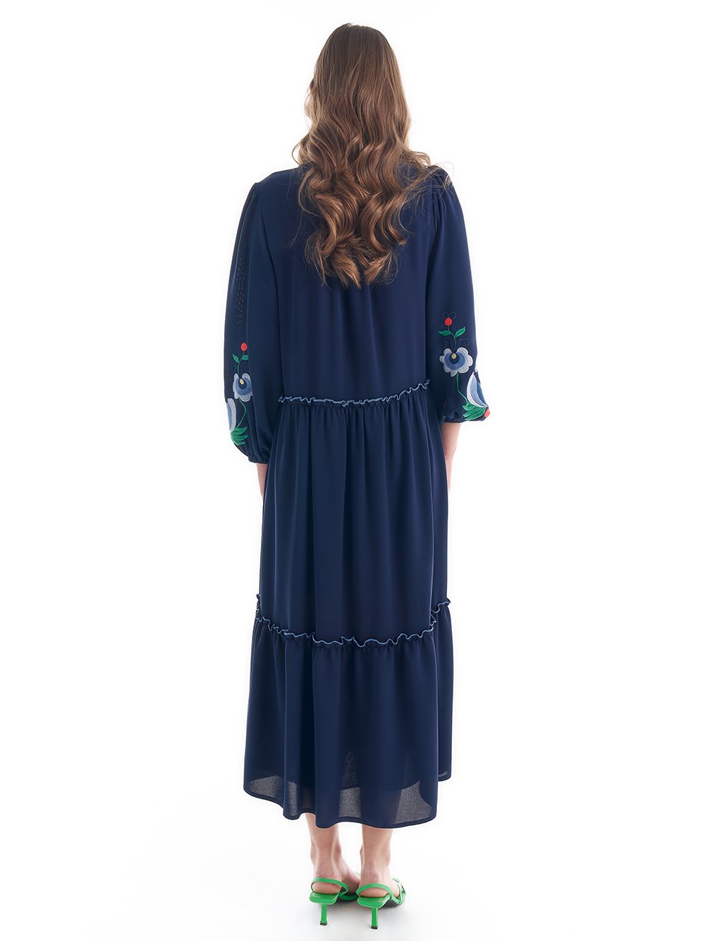 Embroidered Tassel Detailed Layered Dress Dark Navy Blue