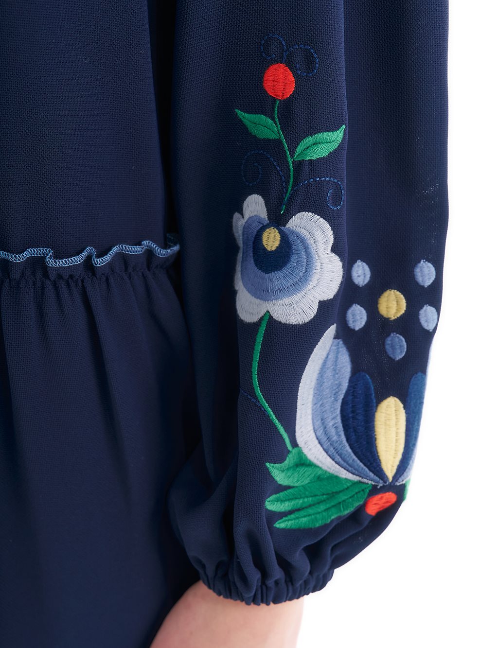 Embroidered Tassel Detailed Layered Dress Dark Navy Blue