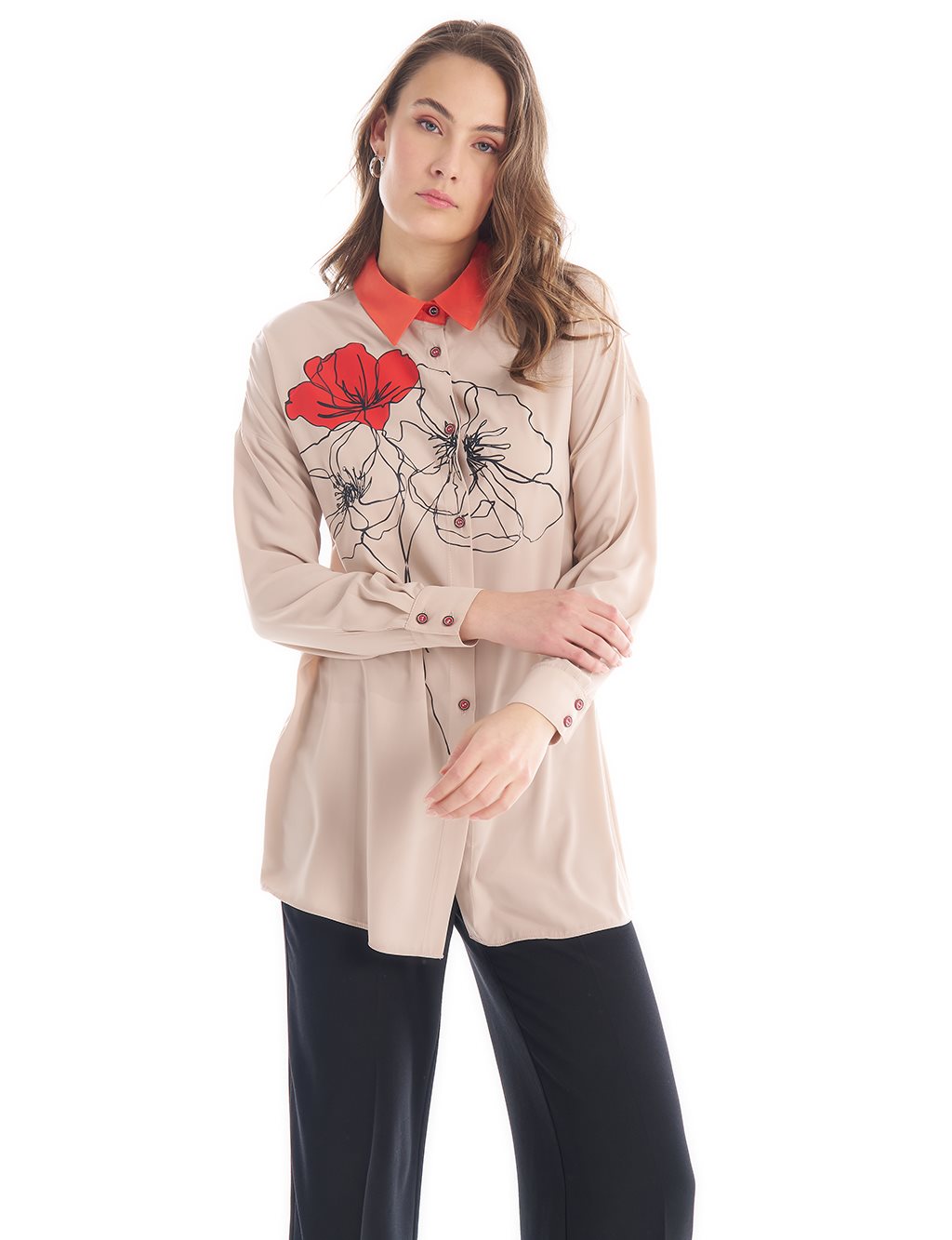 Floral Printed Shirt Collar Blouse Sand Beige