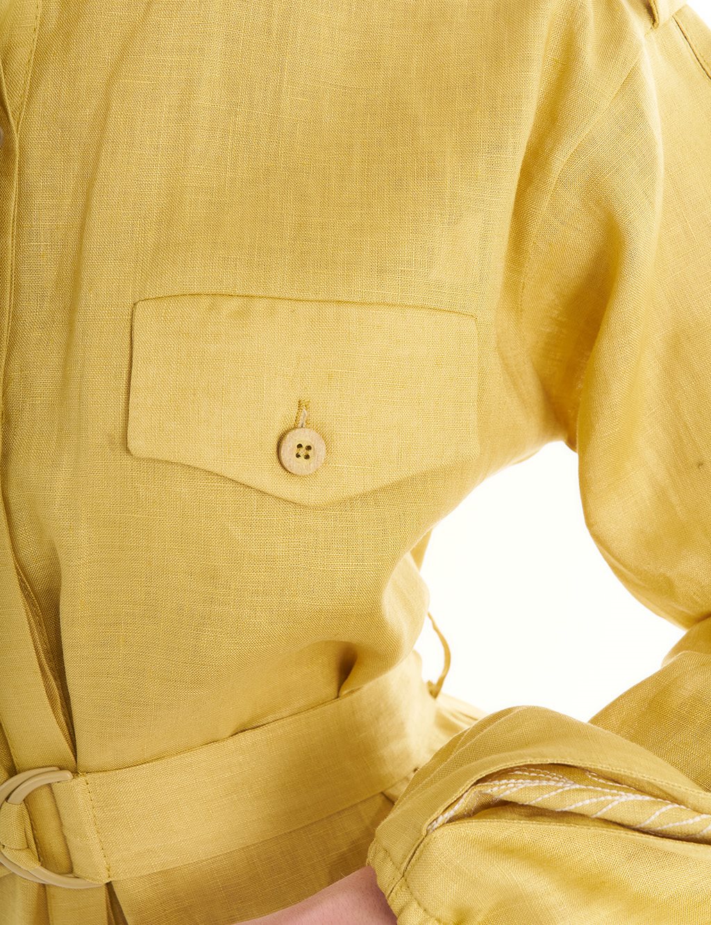 Epaulet-Detailed Shawl Collar Linen Blouse Oliv