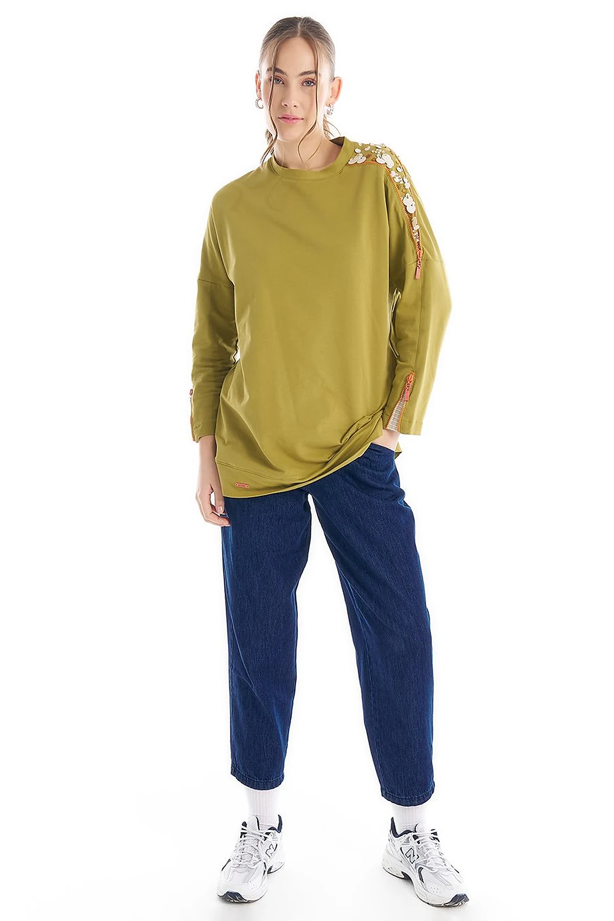Crew Neck Tunic with Embroidered Shoulders Khaki