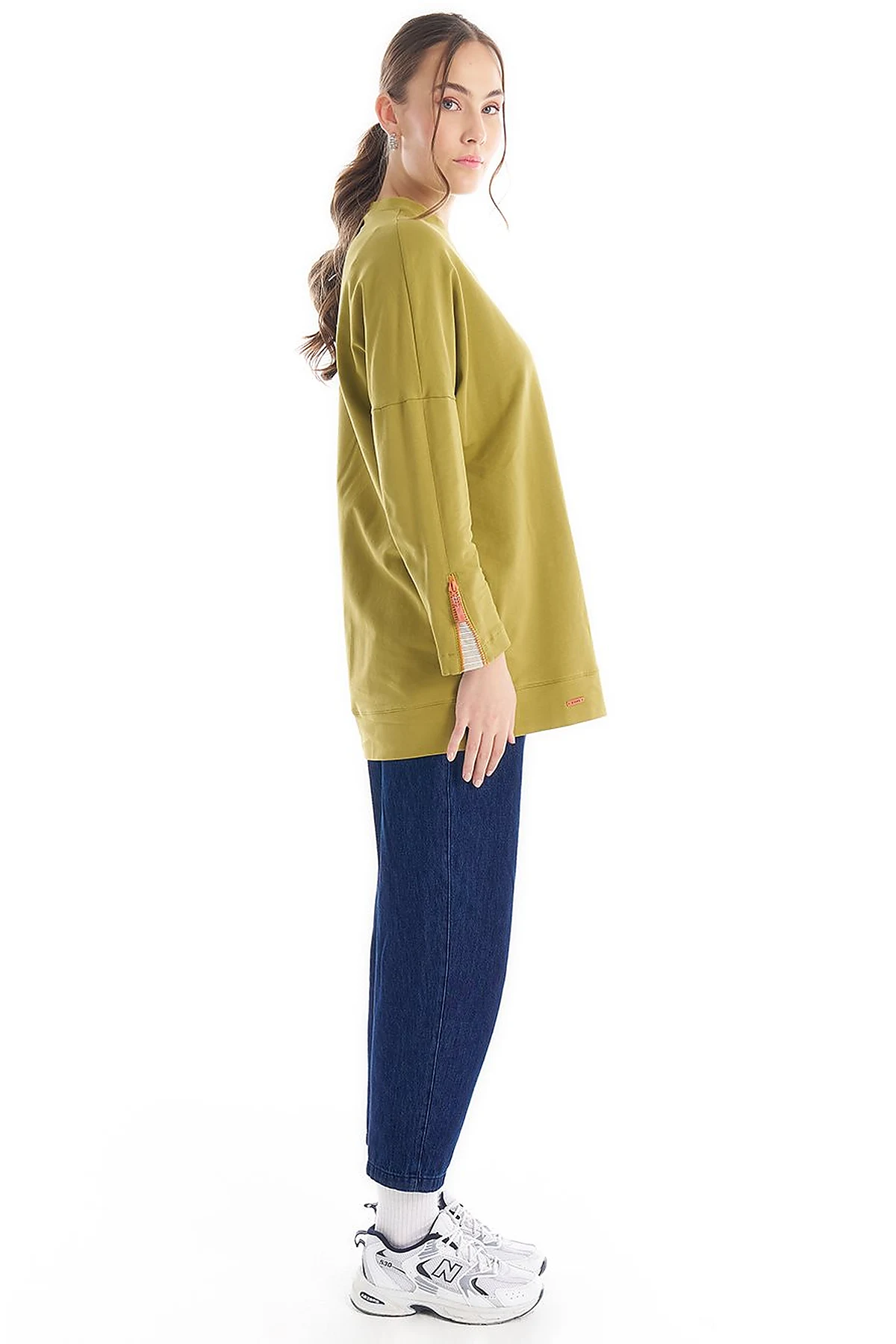Crew Neck Tunic with Embroidered Shoulders Khaki