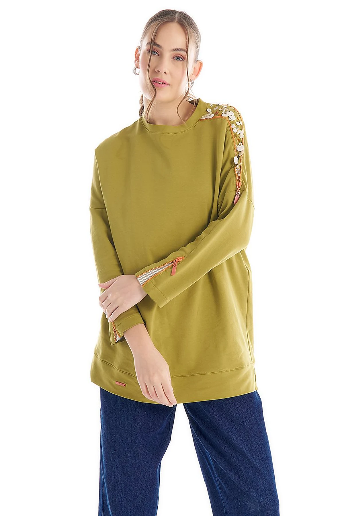 Crew Neck Tunic with Embroidered Shoulders Khaki