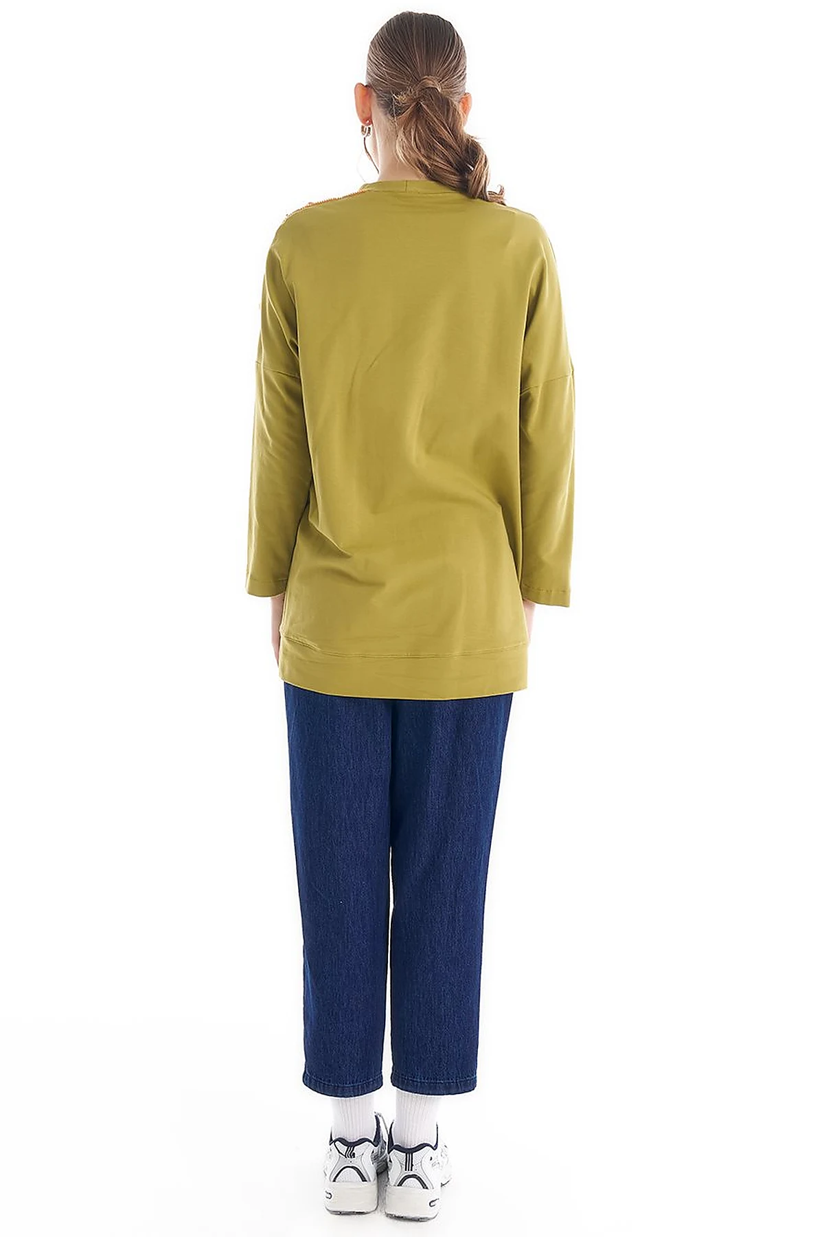 Crew Neck Tunic with Embroidered Shoulders Khaki