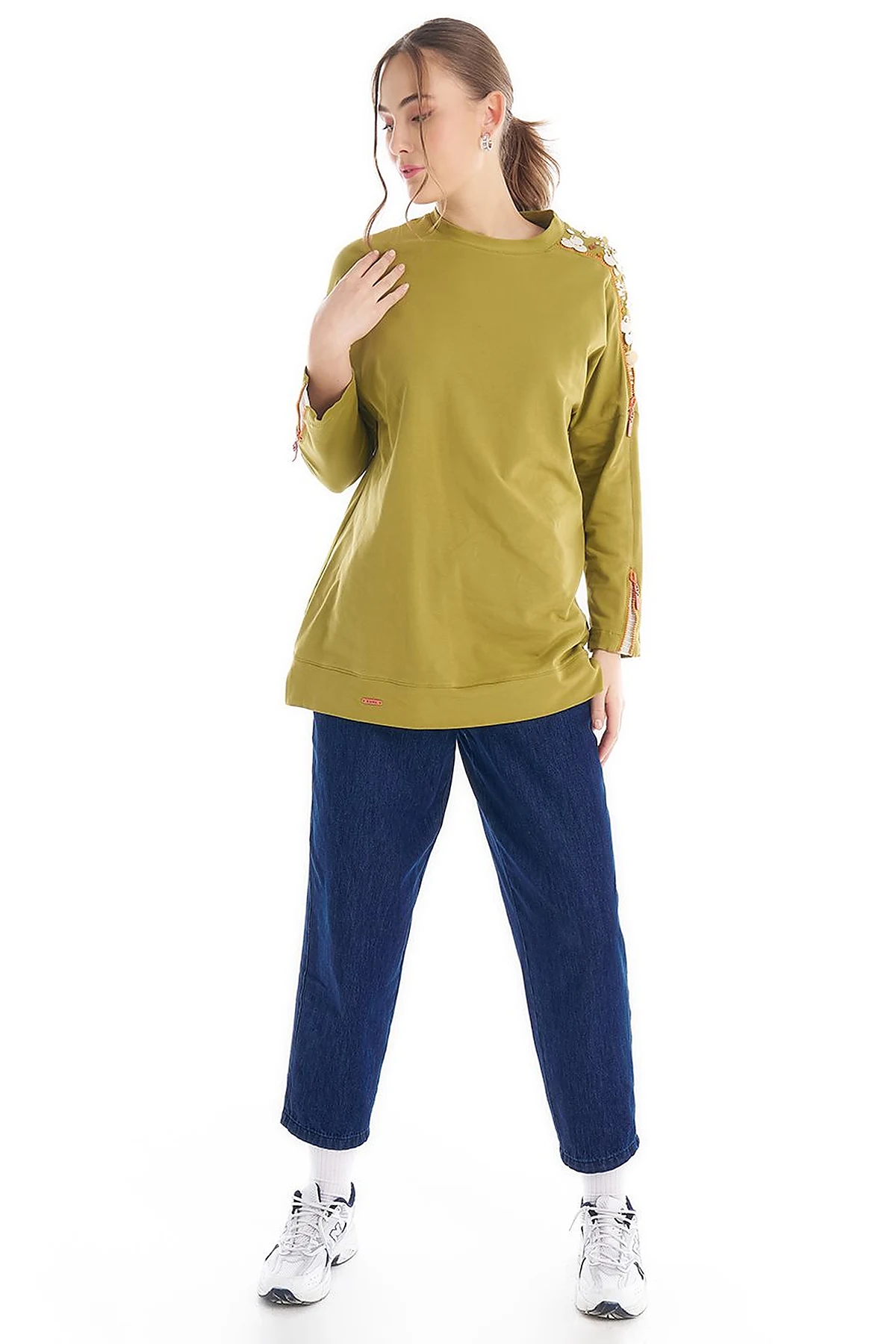 Crew Neck Tunic with Embroidered Shoulders Khaki