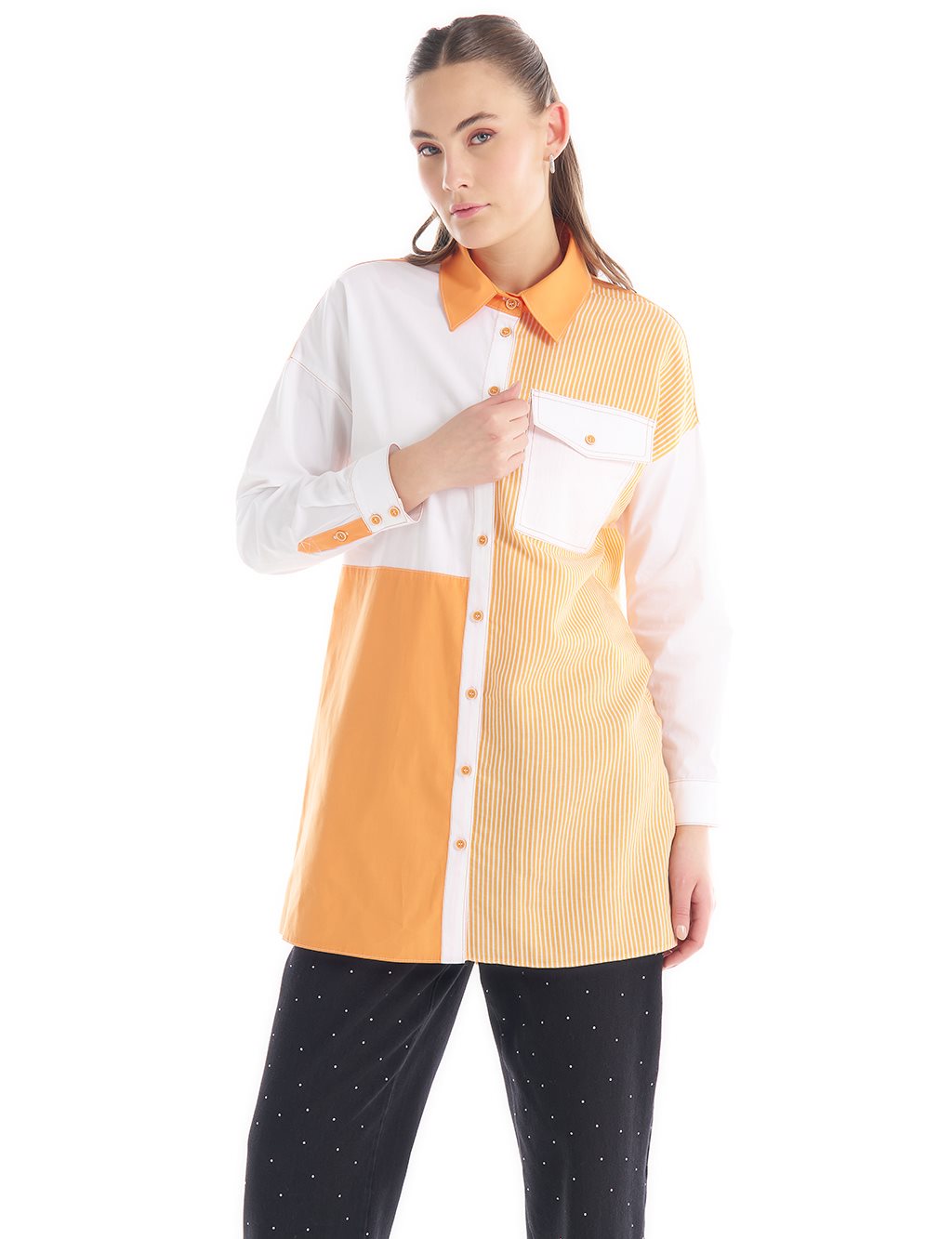 Fabric Mixed Shirt Collar Tunic Orange