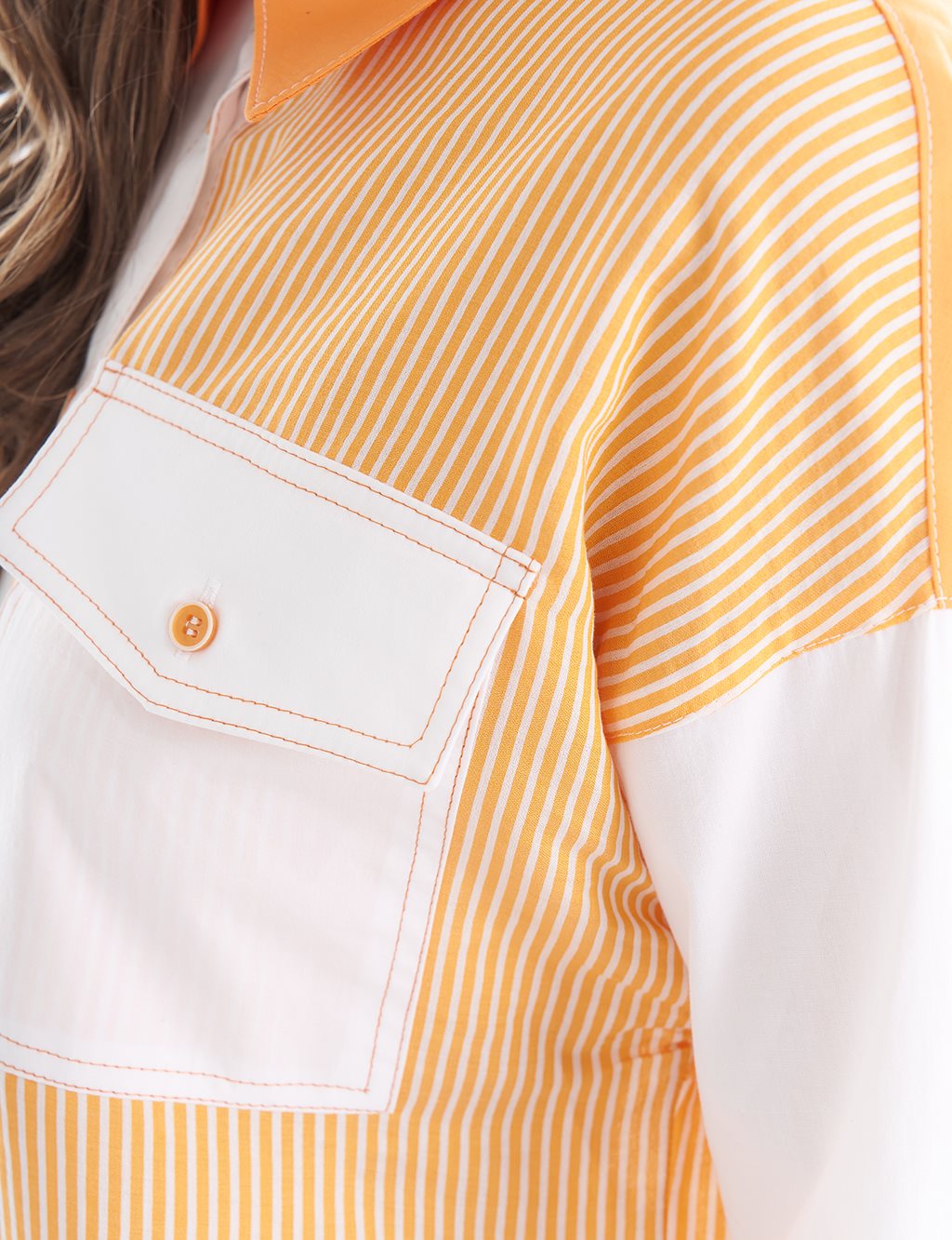 Fabric Mixed Shirt Collar Tunic Orange