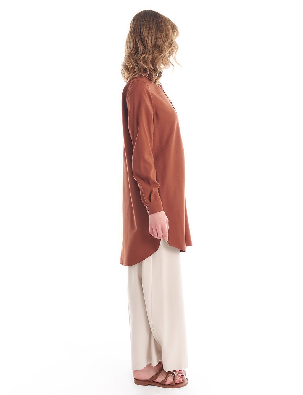 Shirt Collar Tunic with Knit Stitching in Brown