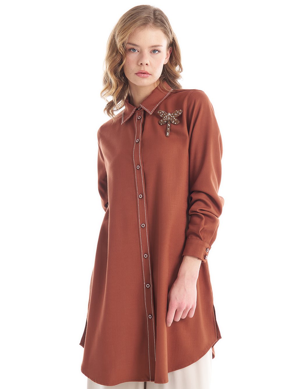 Shirt Collar Tunic with Knit Stitching in Brown