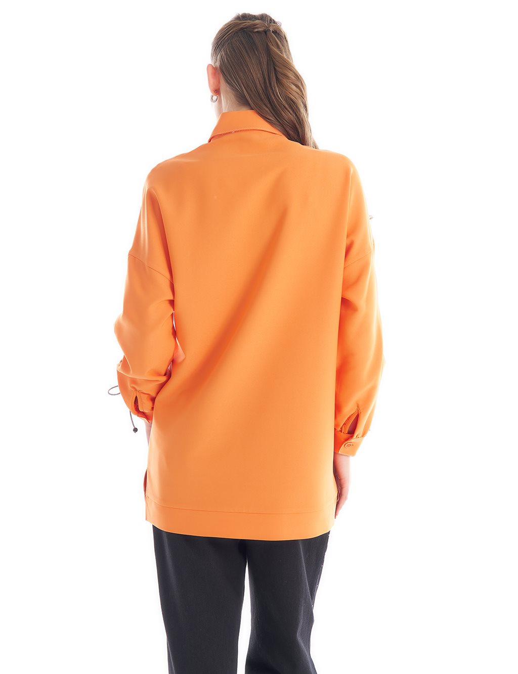 Shirt Collar Tunic with Lacing Detail at Wrists Orange