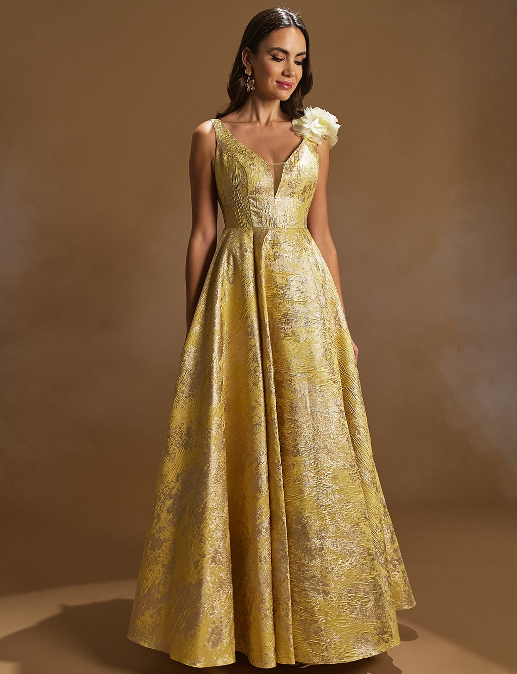 Deep V-Neck Abstract Pattern Evening Dress Yellow