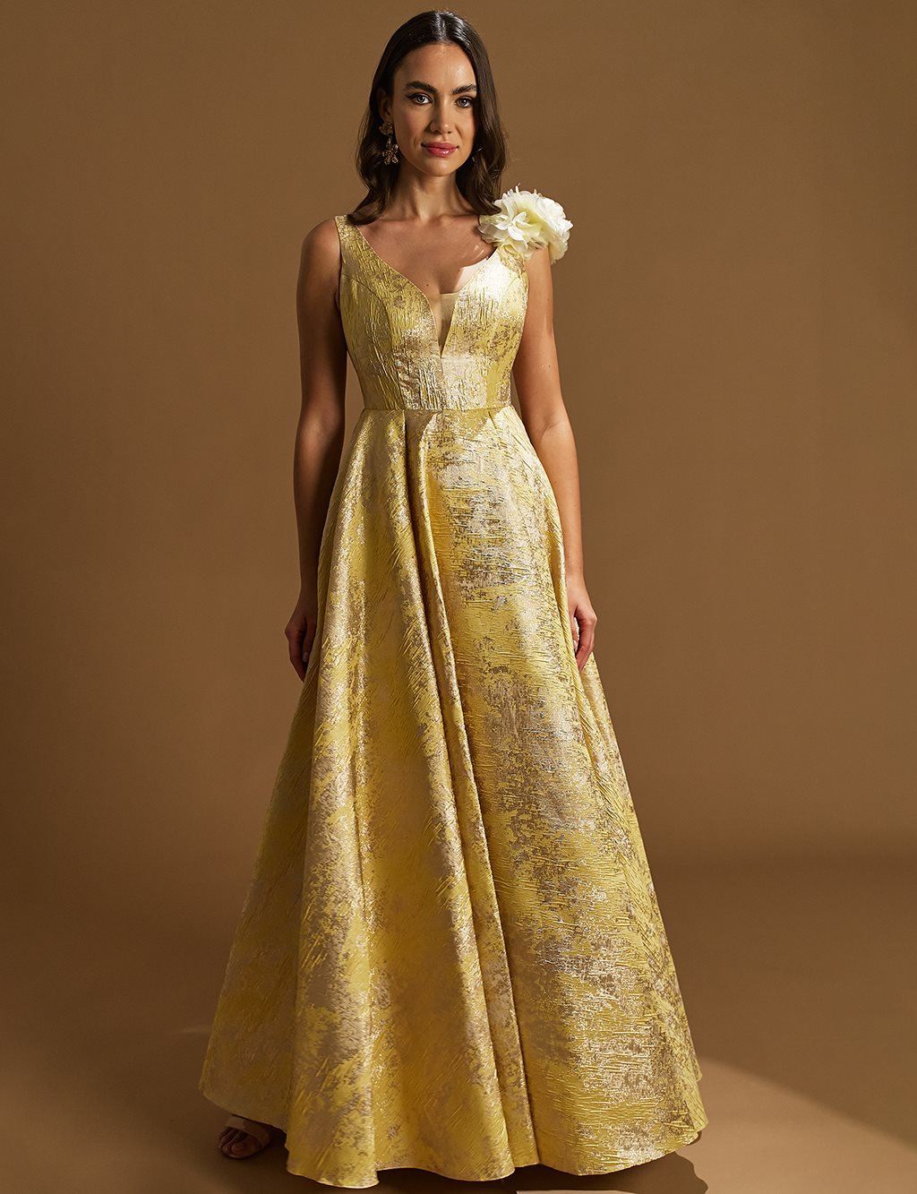 Deep V-Neck Abstract Pattern Evening Dress Yellow