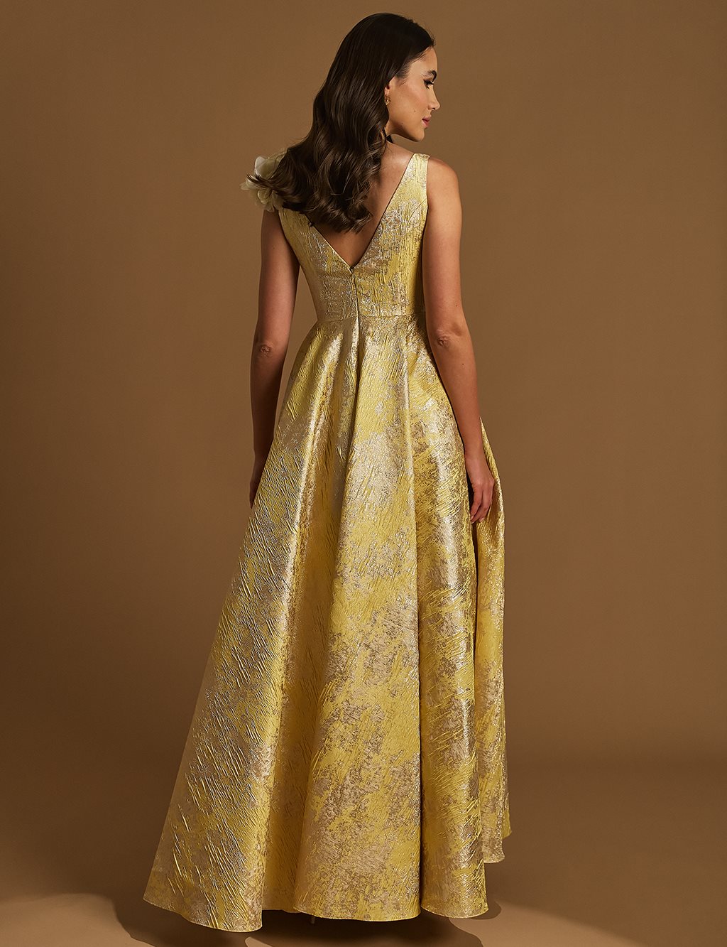 Deep V-Neck Abstract Pattern Evening Dress Yellow