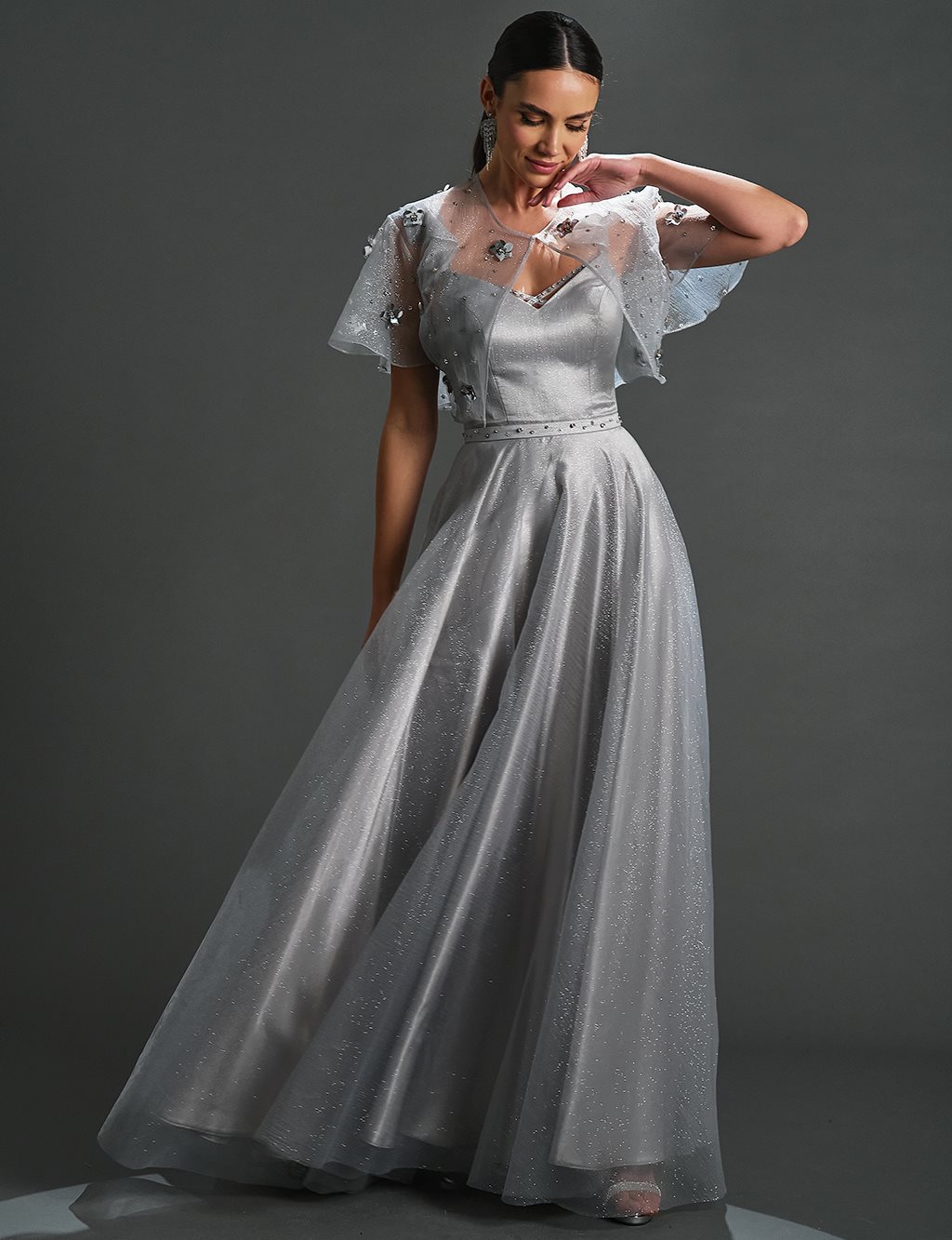 Organza Bolero Glitter Evening Dress Gray