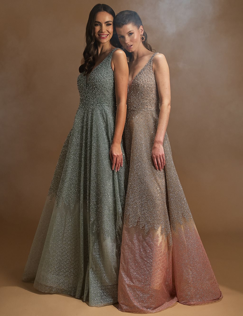 Embroidered Deep V-Neck Evening Dress Powder