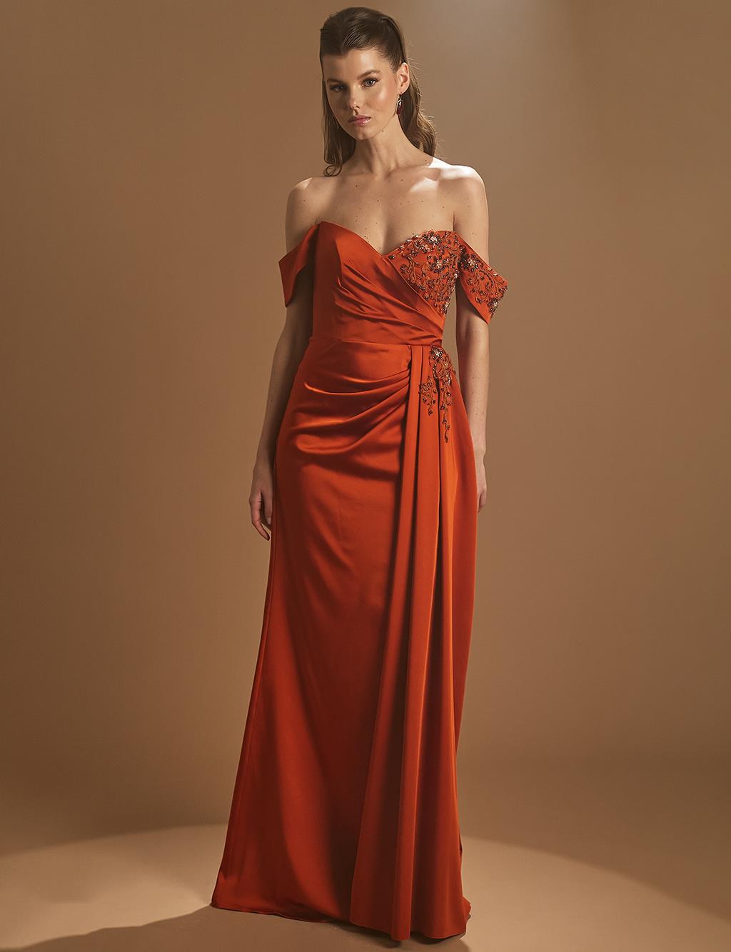 Nakışlı Düşük Omuz Abiye Kiremit 