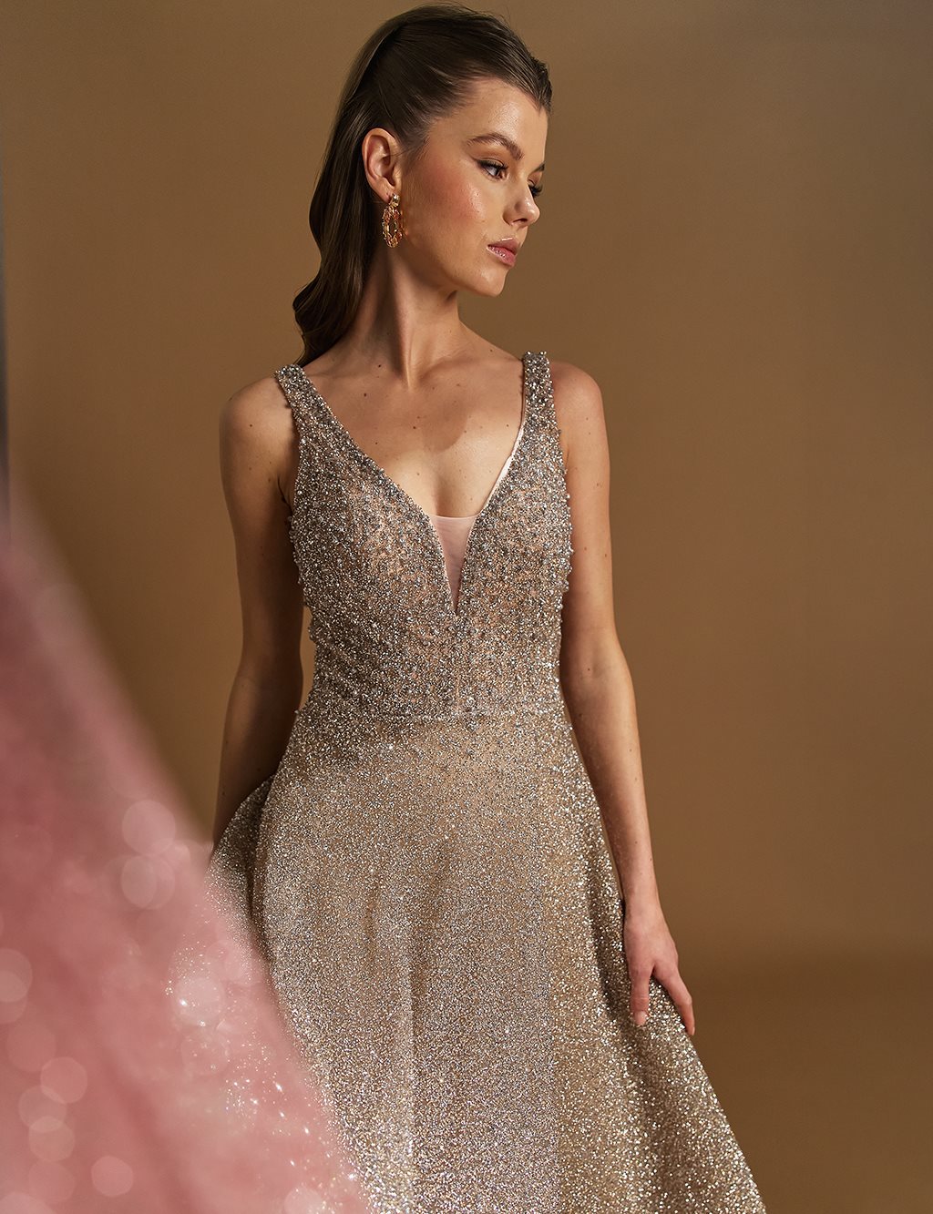 Embroidered Deep V-Neck Evening Dress Powder