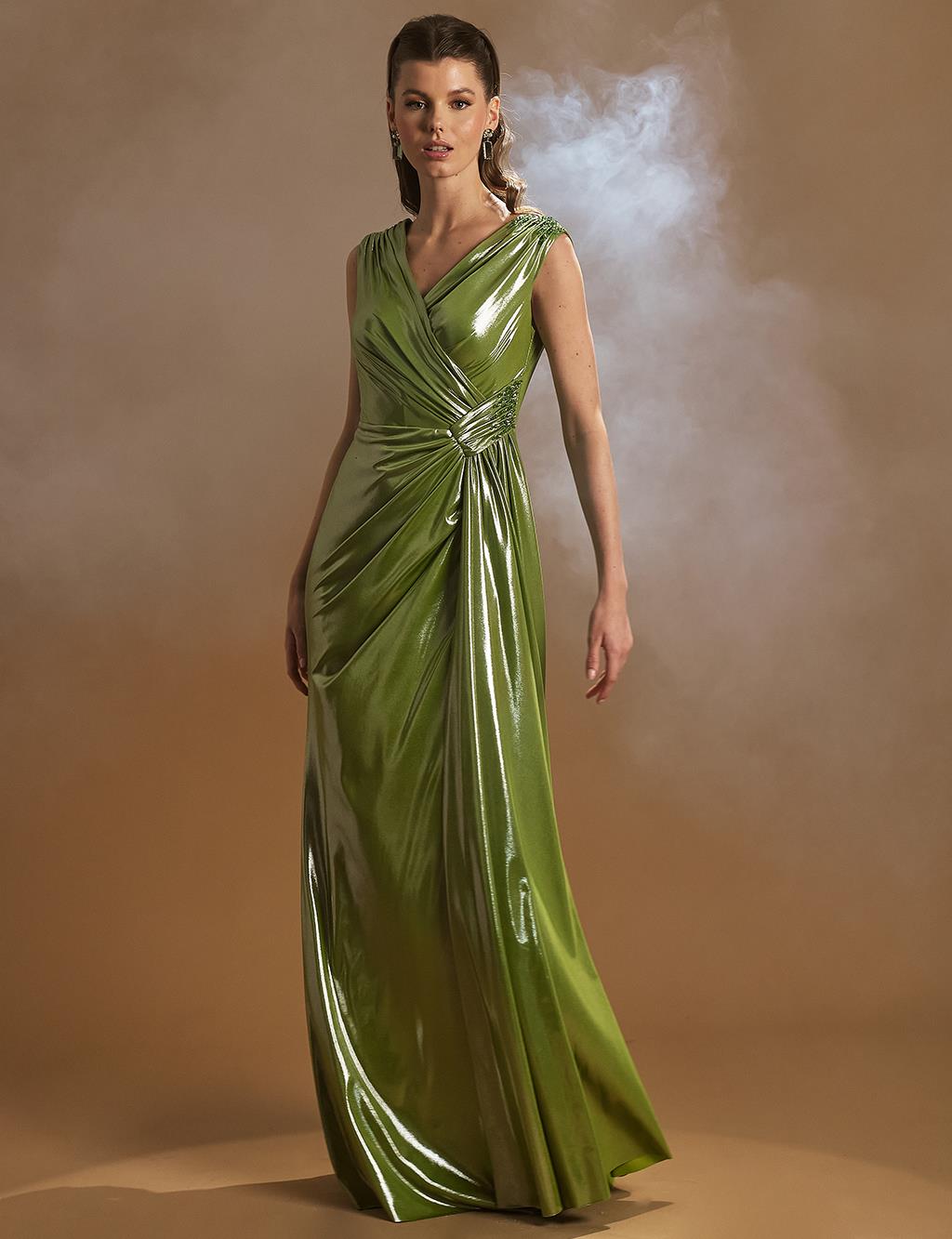 Fish Form Draped Evening Dress Green