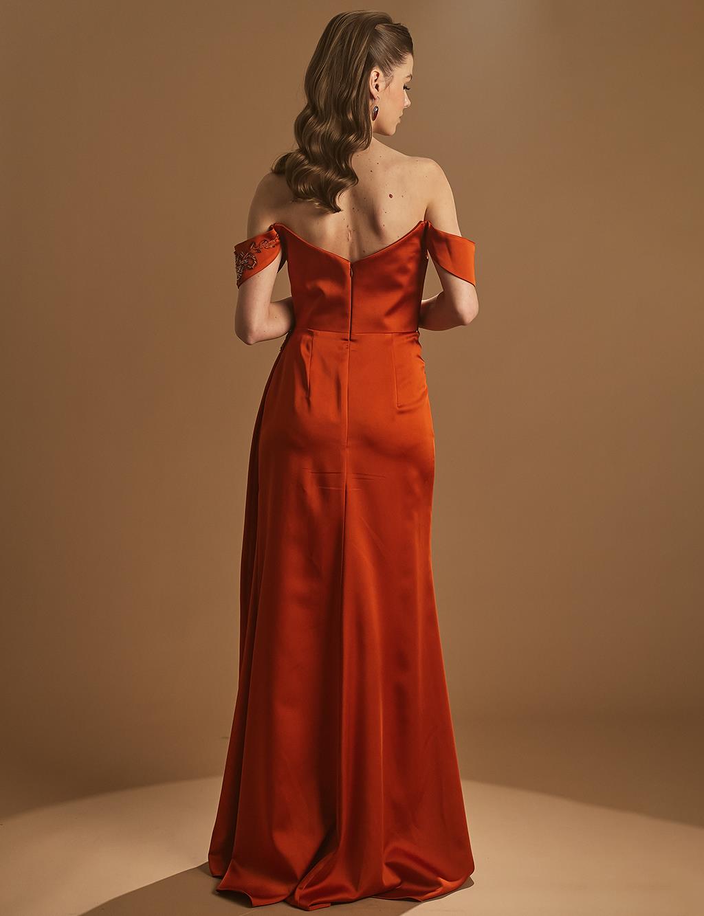 Nakışlı Düşük Omuz Abiye Kiremit 