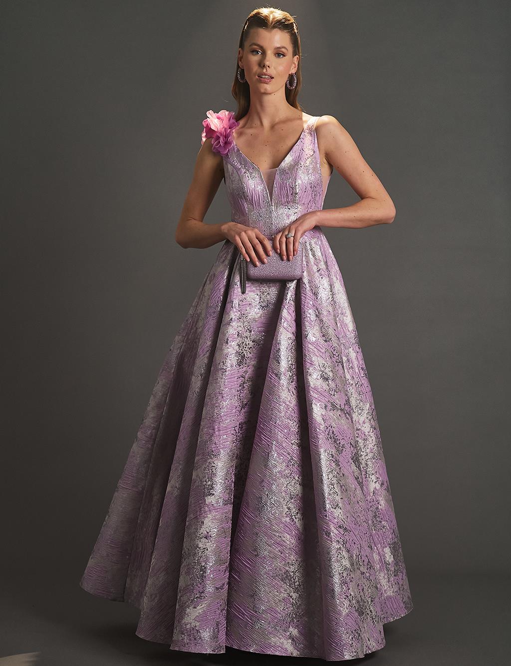 Deep V-Neck Abstract Pattern Evening Dress Lilac