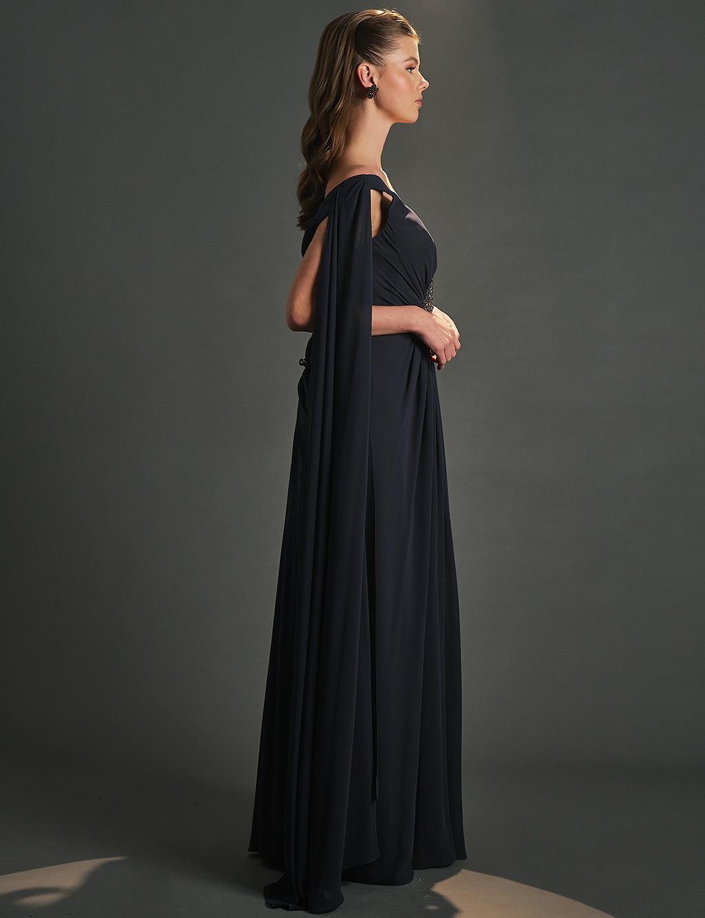 Deep V-Neck Evening Dress with Cape Anthracite