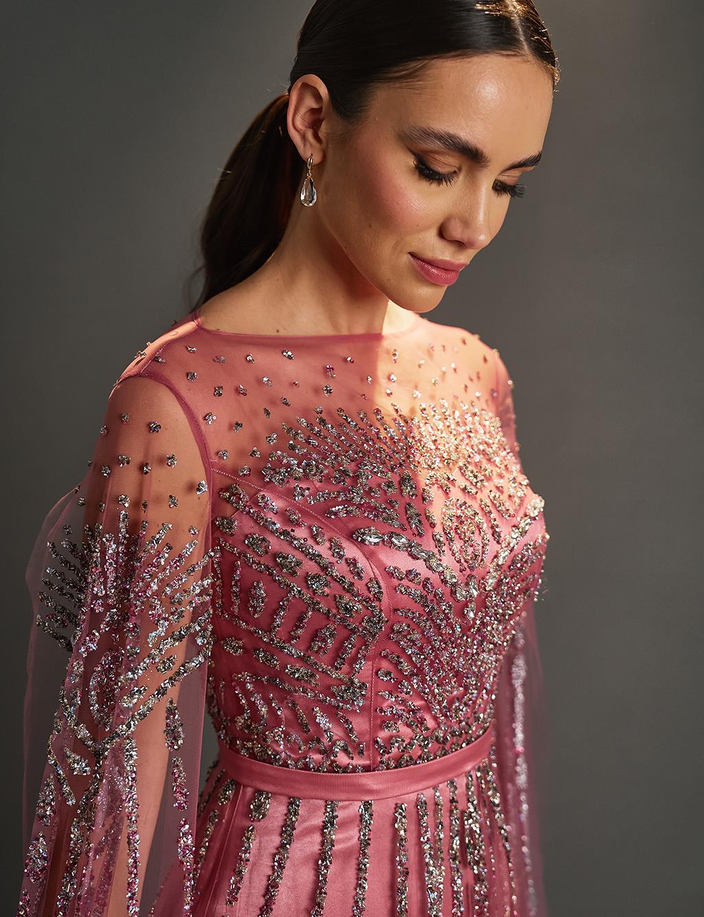 Embroidered Boat Neck Evening Dress Dusty Rose