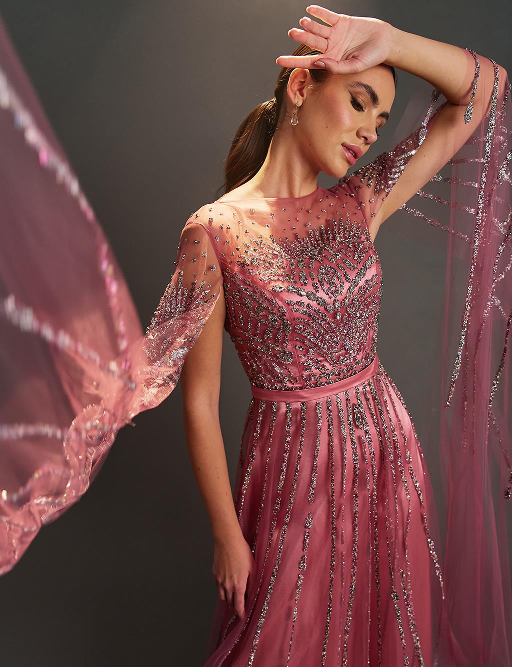 Embroidered Boat Neck Evening Dress Dusty Rose