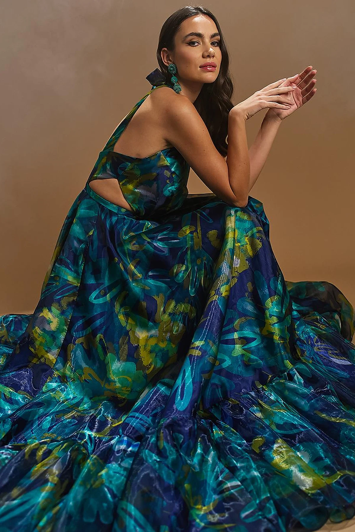 Floral Patterned Frilly Evening Dress Navy Blue