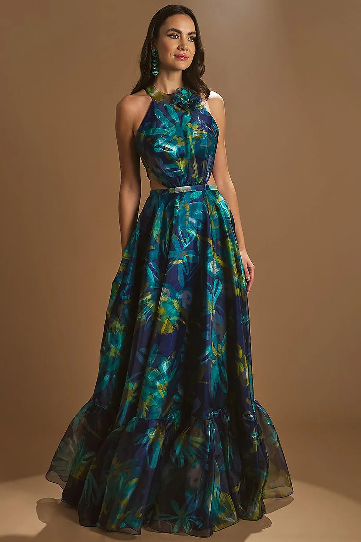Floral Patterned Frilly Evening Dress Navy Blue