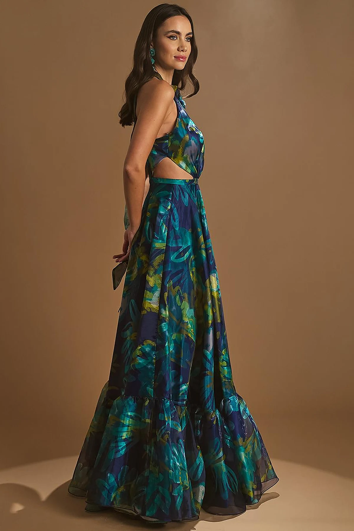 Floral Patterned Frilly Evening Dress Navy Blue