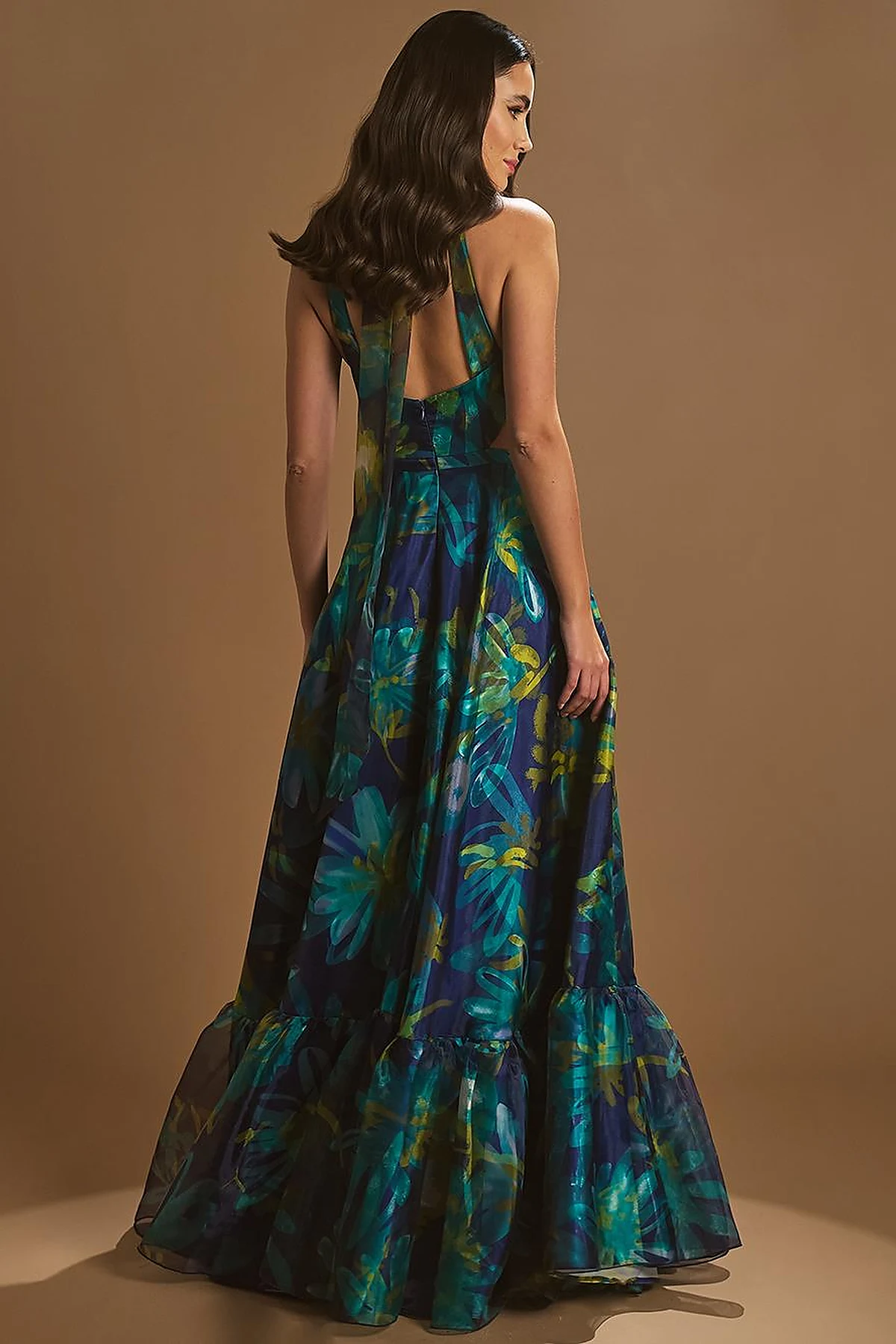 Floral Patterned Frilly Evening Dress Navy Blue