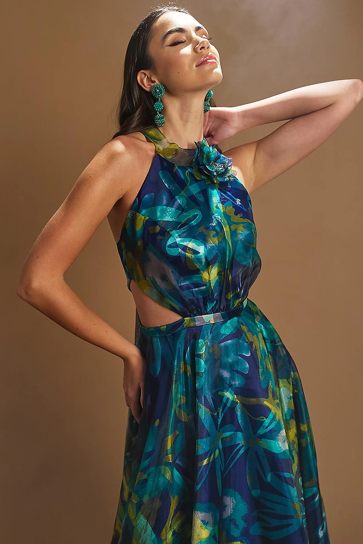 Floral Patterned Frilly Evening Dress Navy Blue