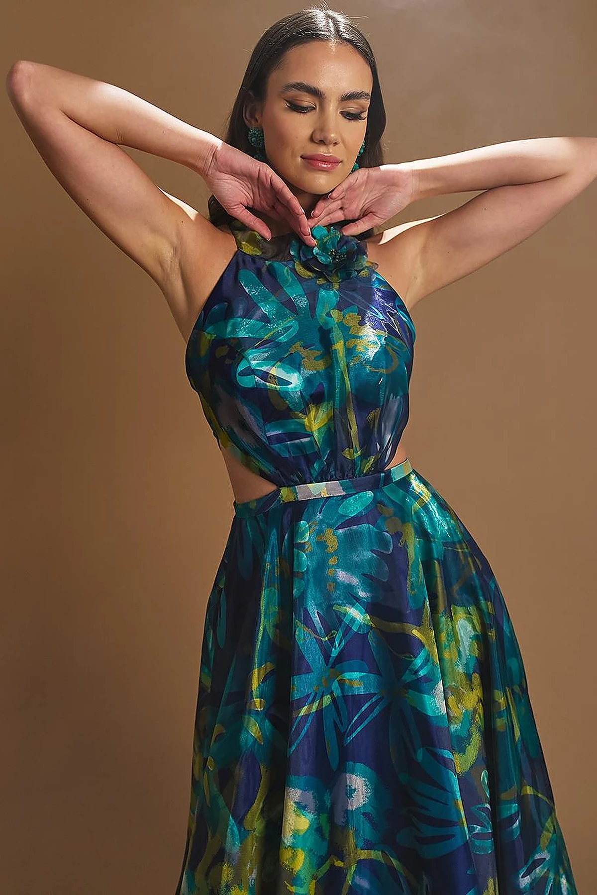 Floral Patterned Frilly Evening Dress Navy Blue
