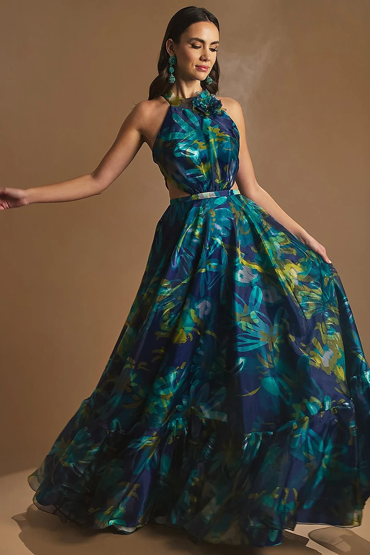 Floral Patterned Frilly Evening Dress Navy Blue