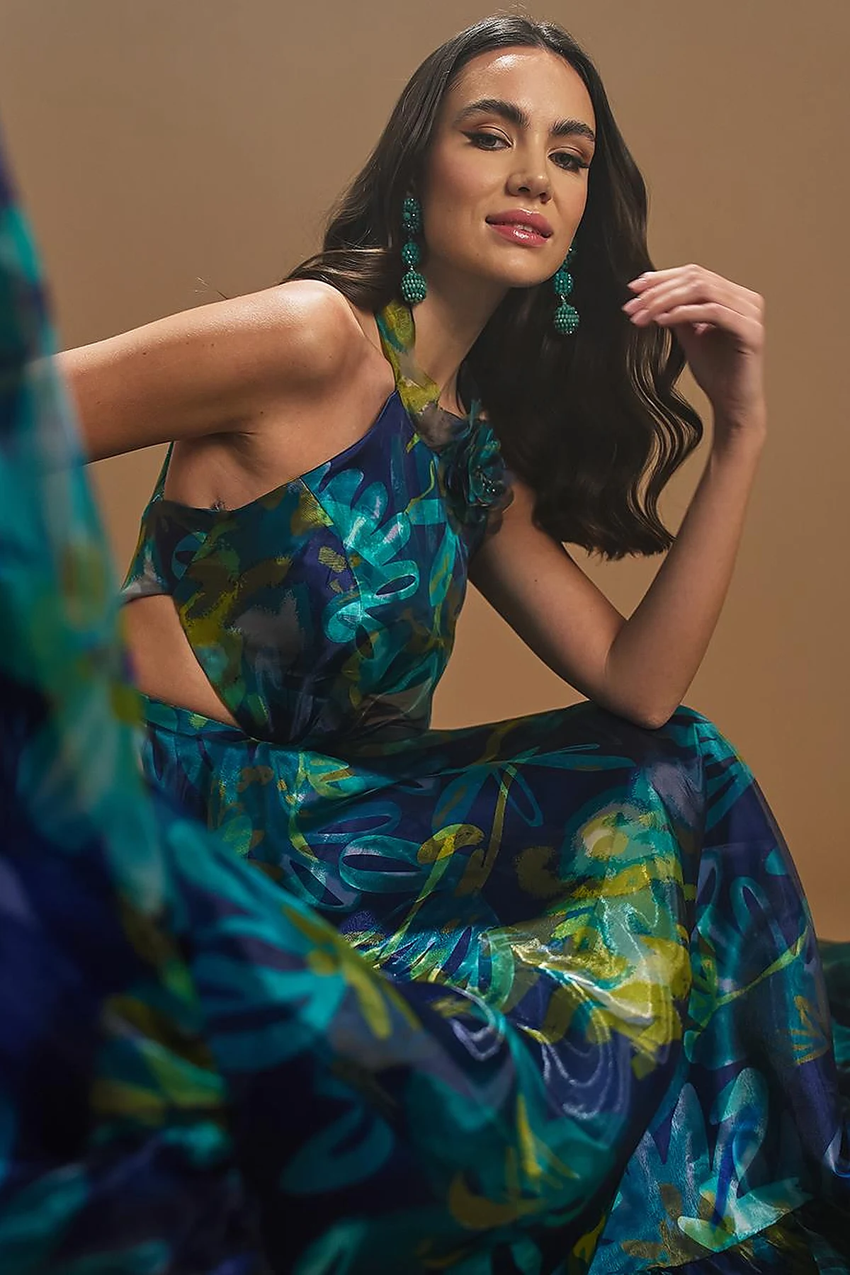 Floral Patterned Frilly Evening Dress Navy Blue