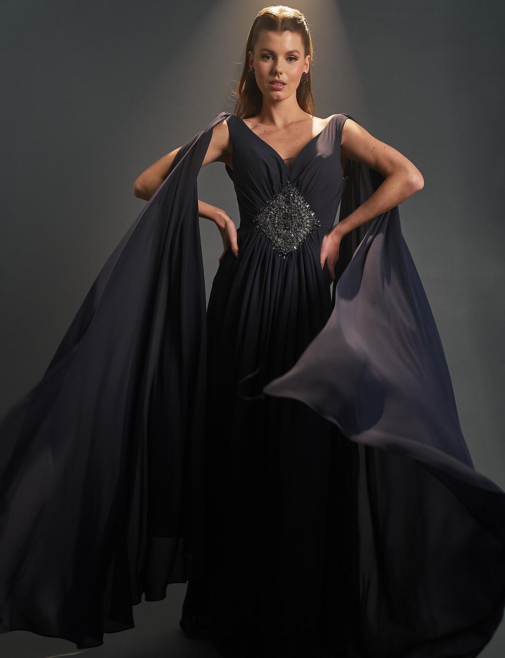 Deep V-Neck Evening Dress with Cape Anthracite