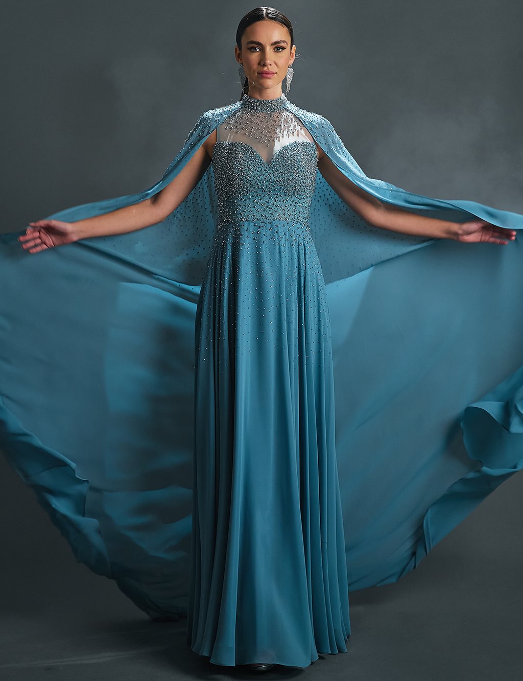 Flowing Evening Dress with Cape Granite Blue