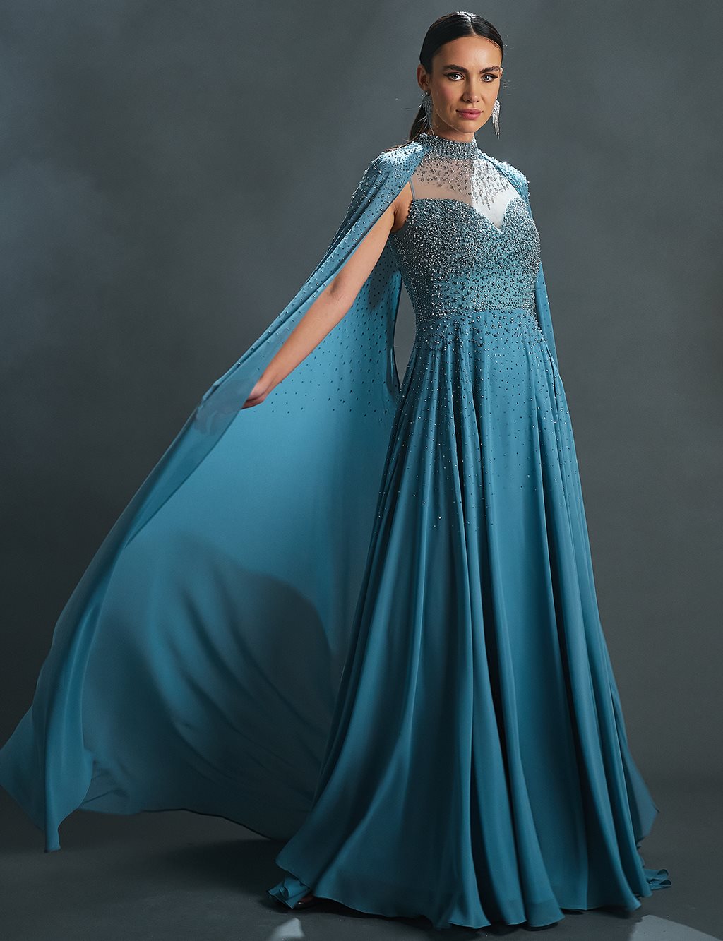 Flowing Evening Dress with Cape Granite Blue