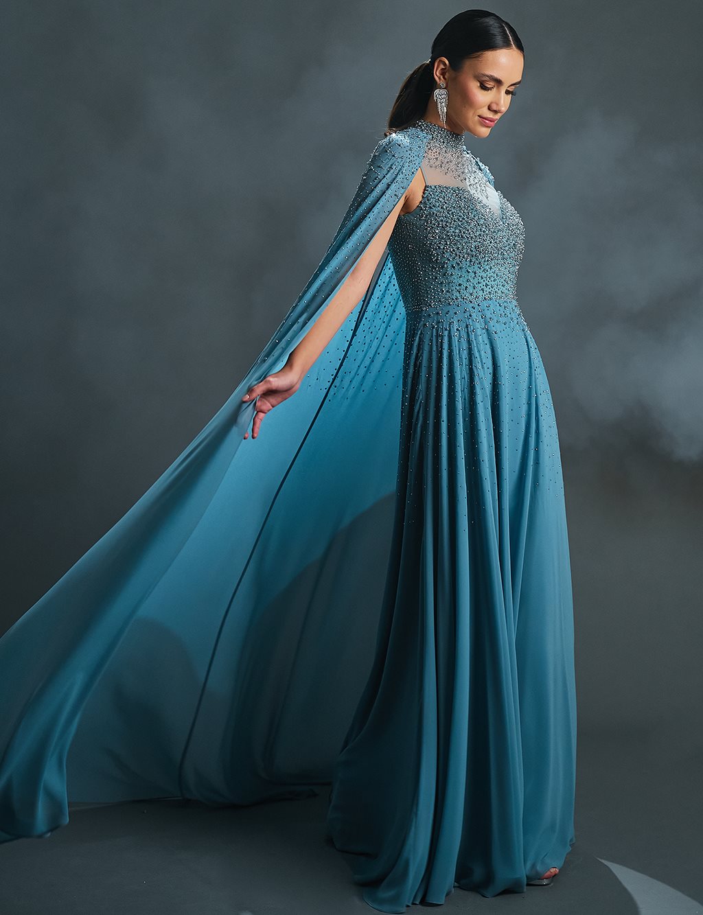 Flowing Evening Dress with Cape Granite Blue